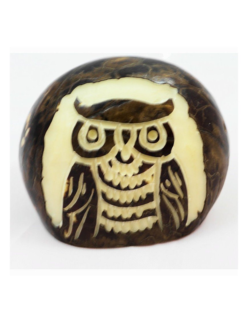 Hibou gravé sur la graine de tagua