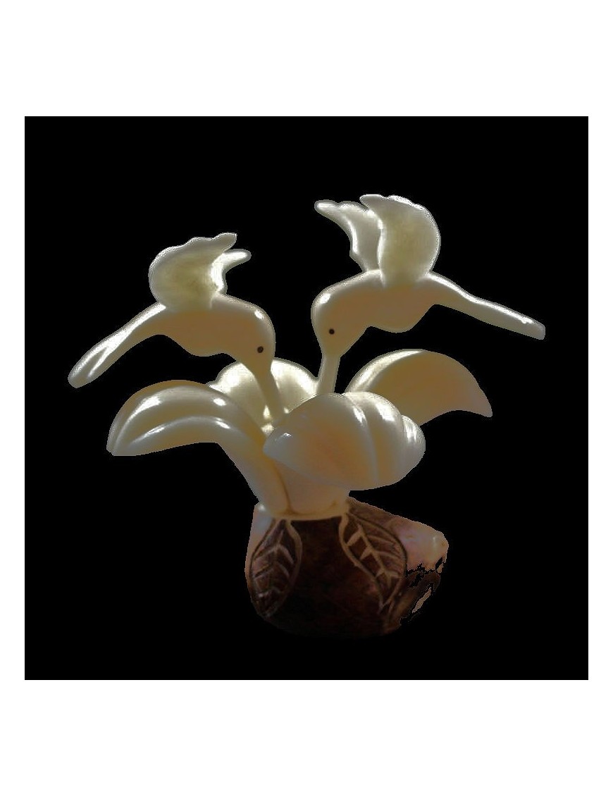 Colibris sur hibiscus taillé dans la graine de tagua