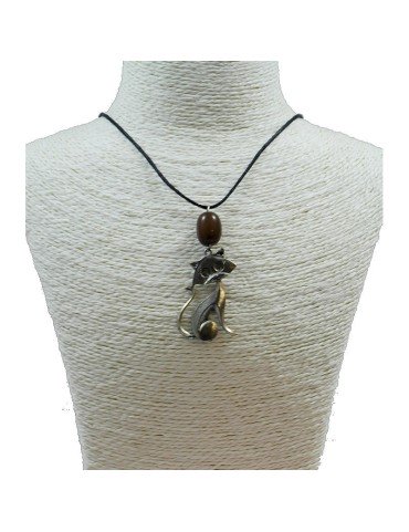 Pendentif chat en alliage et perle de tagua teintée marron