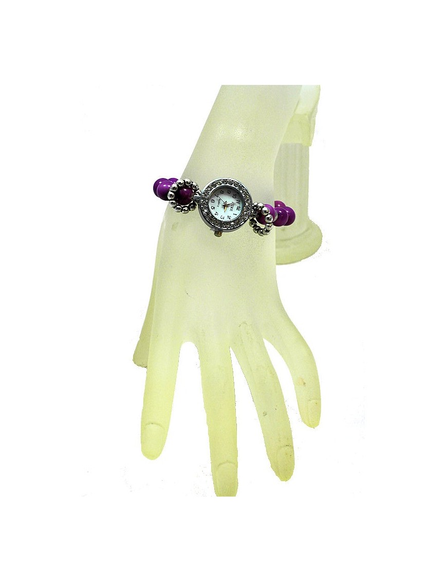 Montre bracelet perles Tagua teintées violet