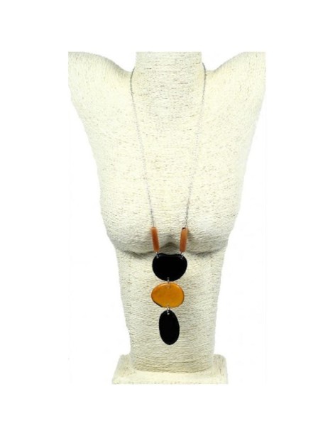 Sautoir acier inoxydable et tranches de tagua ou ivoire végétal teintées Sautoir acier inoxydable et tranches de tagua ou ivoire végétal teintées