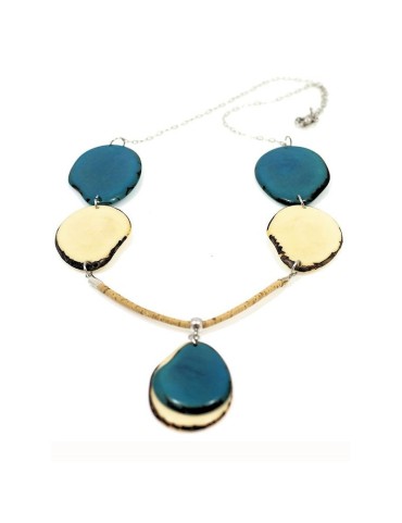 Collier monté sur cordon tressé en liège et chaine en acier inoxydable avec tranches de tagua