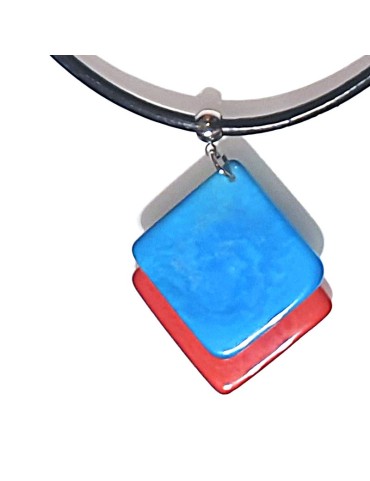 Pendentif doubles carrés en ivoire végétal teinté Bleu et  Rouge