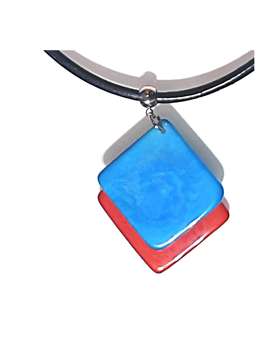 Pendentif doubles carrés en ivoire végétal teinté Bleu et  Rouge