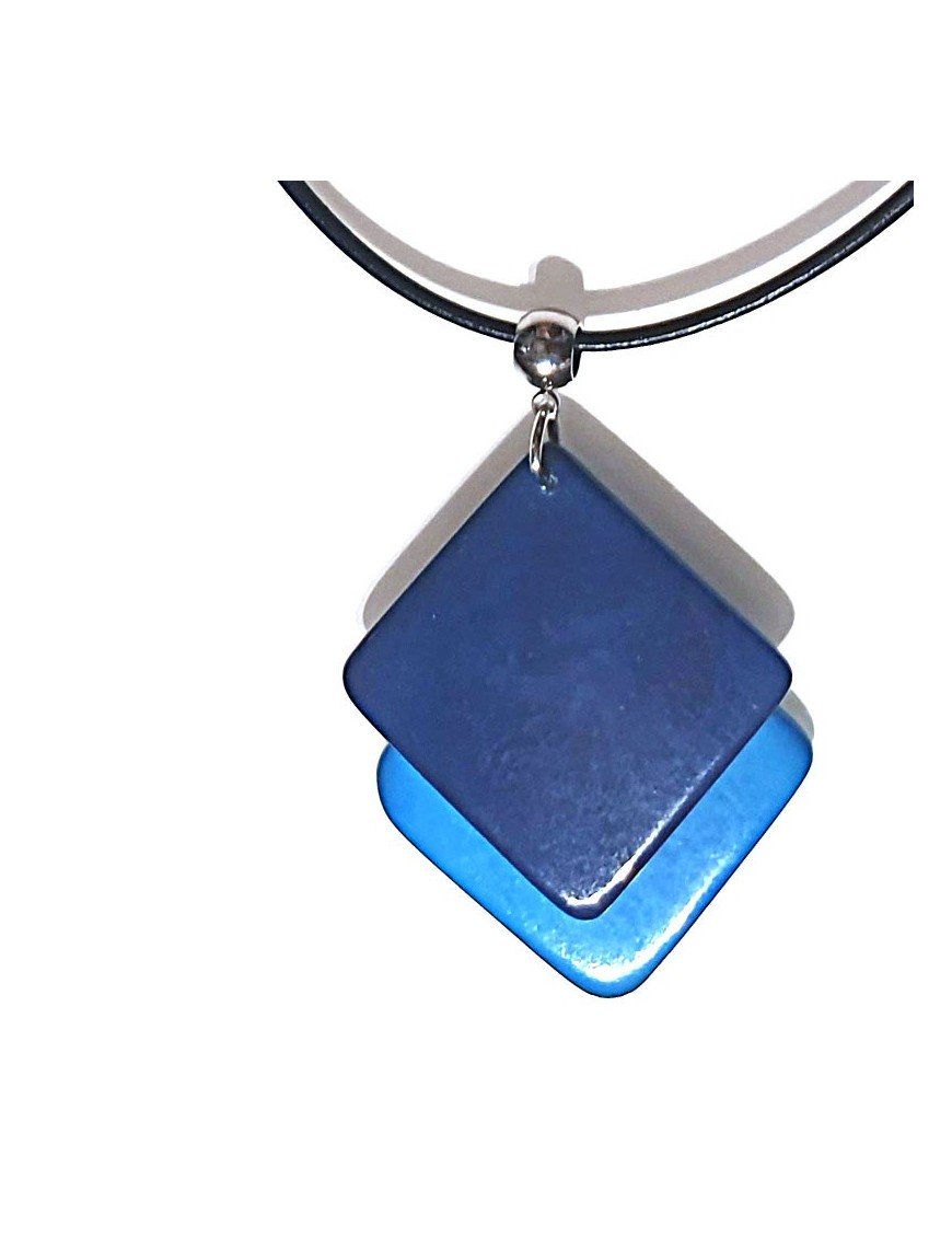 Pendentif doubles carrés en ivoire végétal teinté Bleu