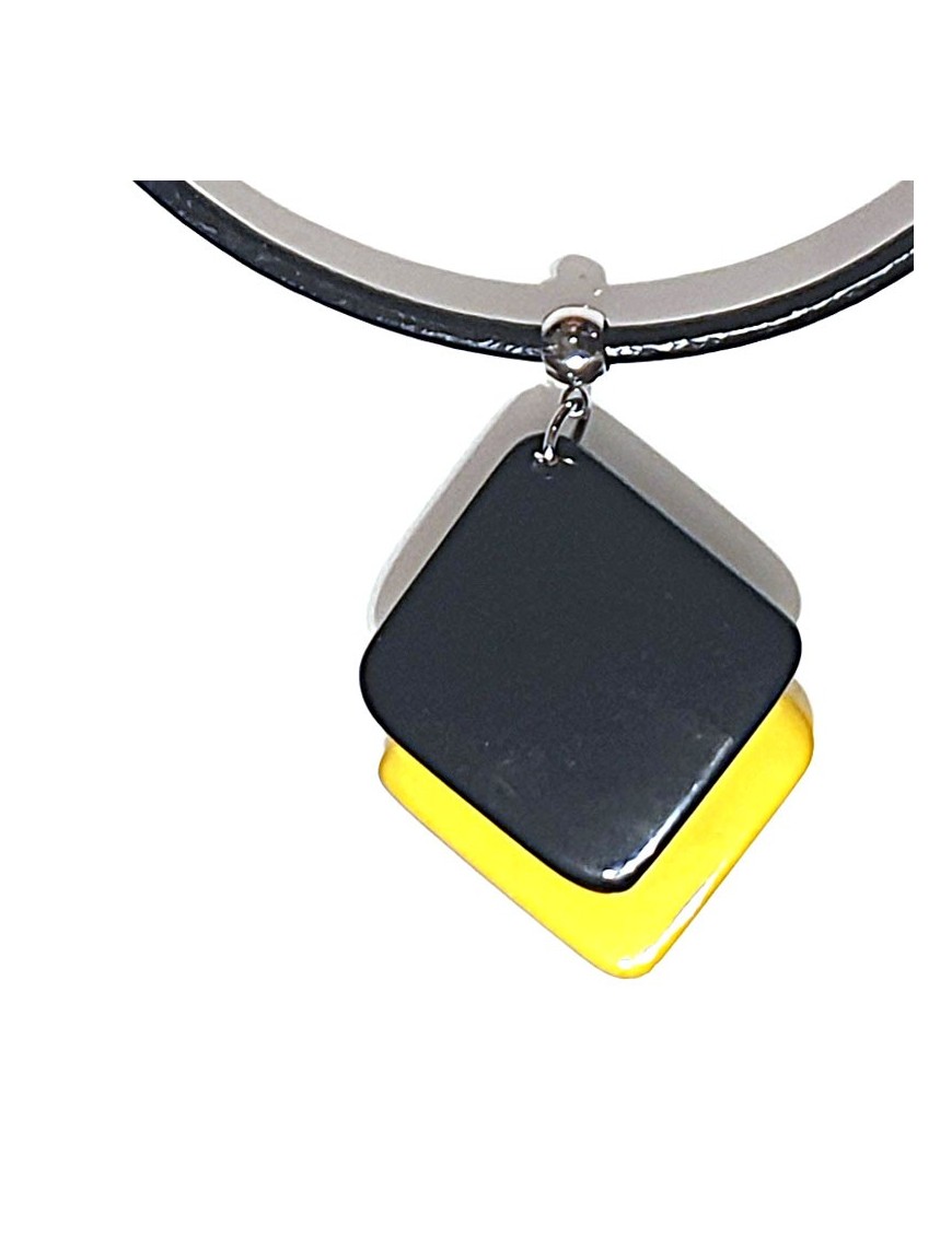 Pendentif doubles carrés en ivoire végétal teinté en Noir et Jaune