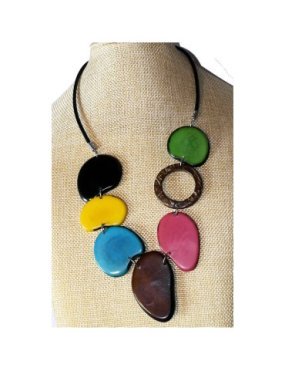 Collier cordon cuir, tranches de tagua teintées et coco2