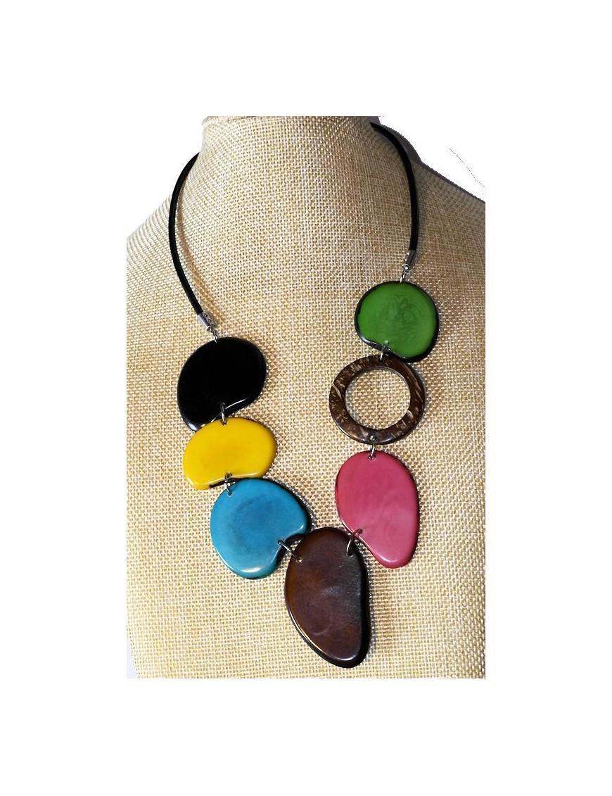 Collier cordon cuir, tranches de tagua teintées et coco2