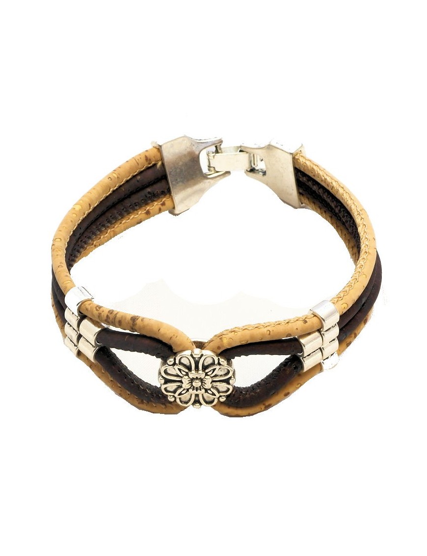 Bracelet en Liège coloré et naturel fleur argentée
