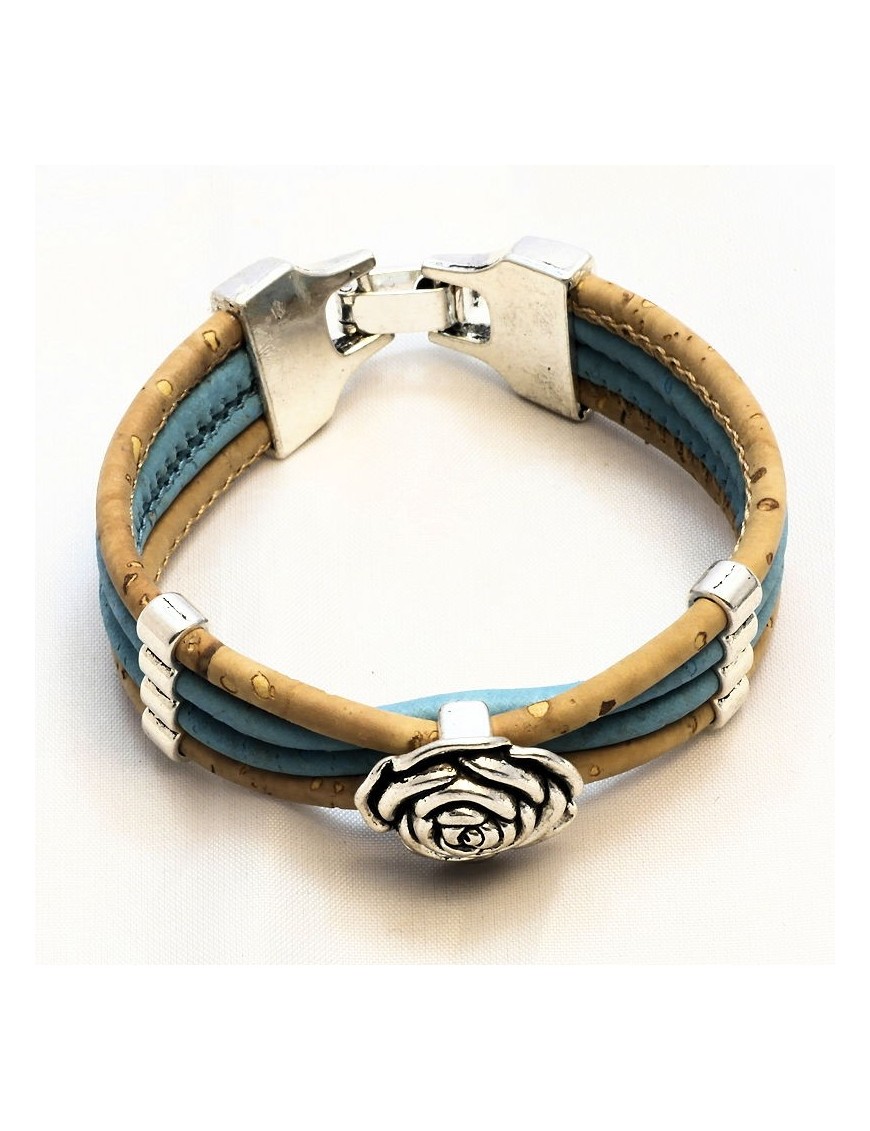 Bracelet en Liège coloré et naturel avec fleur argentée