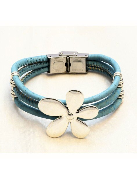 Bracelet en Liège coloré fleur argentée Bracelet en Liège coloré fleur argentée