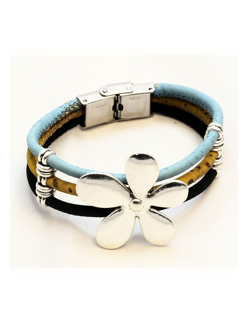 Bracelet en Liège coloré fleur argentée