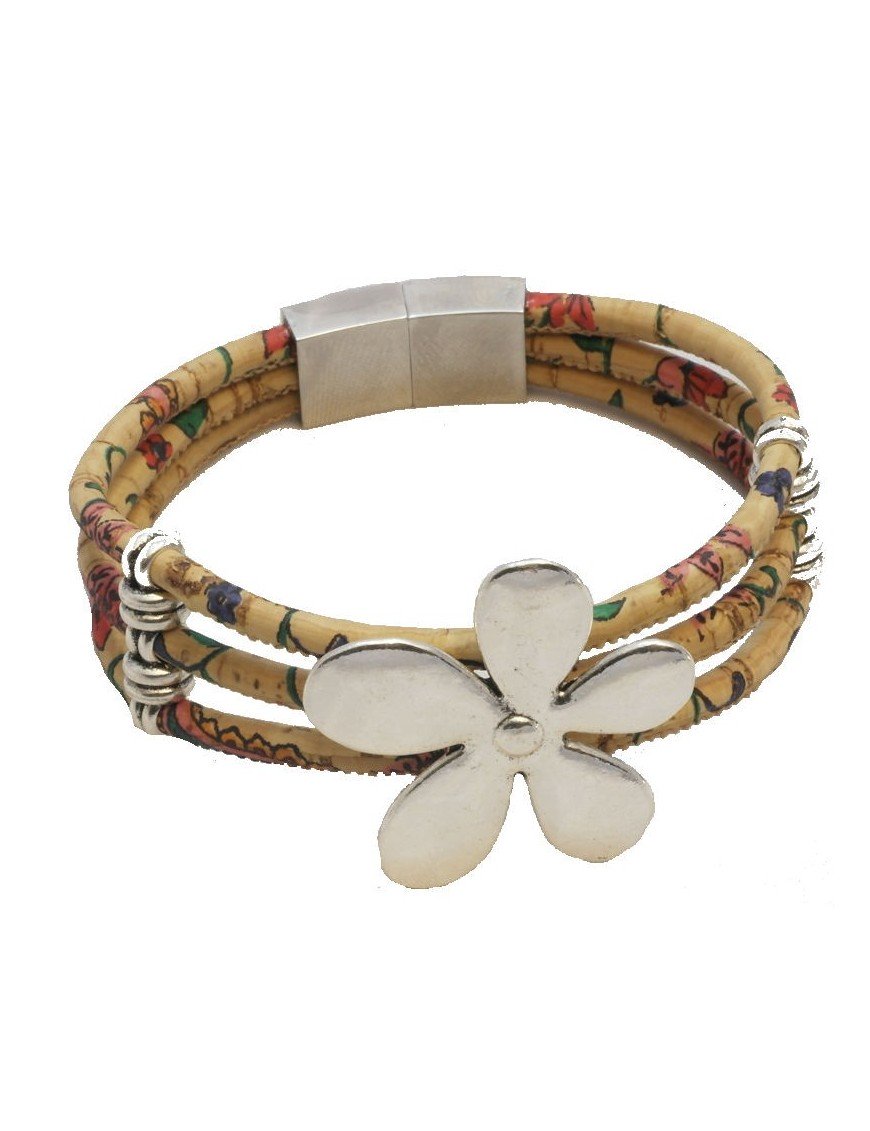 Bracelet en Liège coloré fleur argentée