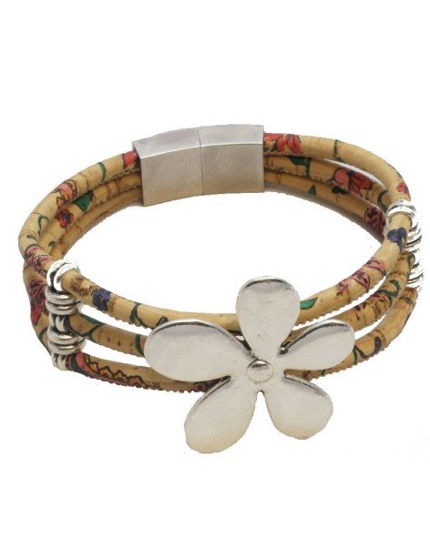 Bracelet en Liège coloré fleur argentée Bracelet en Liège coloré fleur argentée