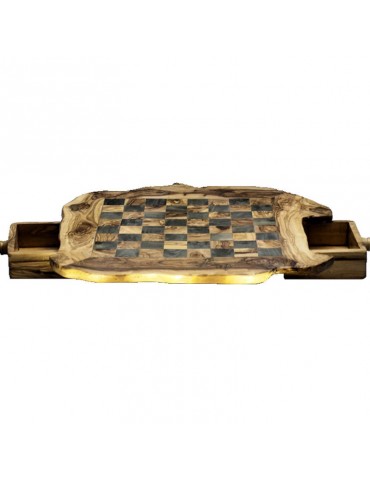 ENSEMBLE TABLE EN BOIS D'OLIVIER, ET JEUX D'ECHECS EN TAGUA OU IVOIRE VEGETAL