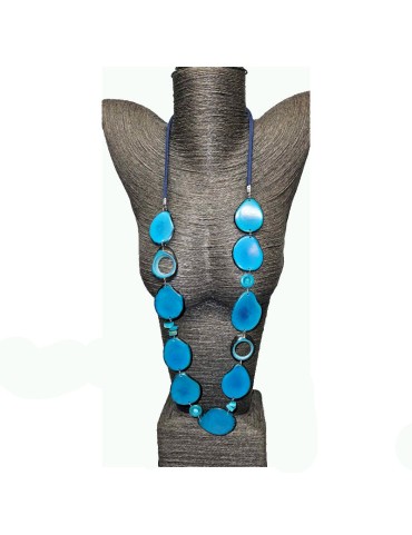 Belle-de-jour  sautoir avec tranches & perles de Tagua teintées en bleu