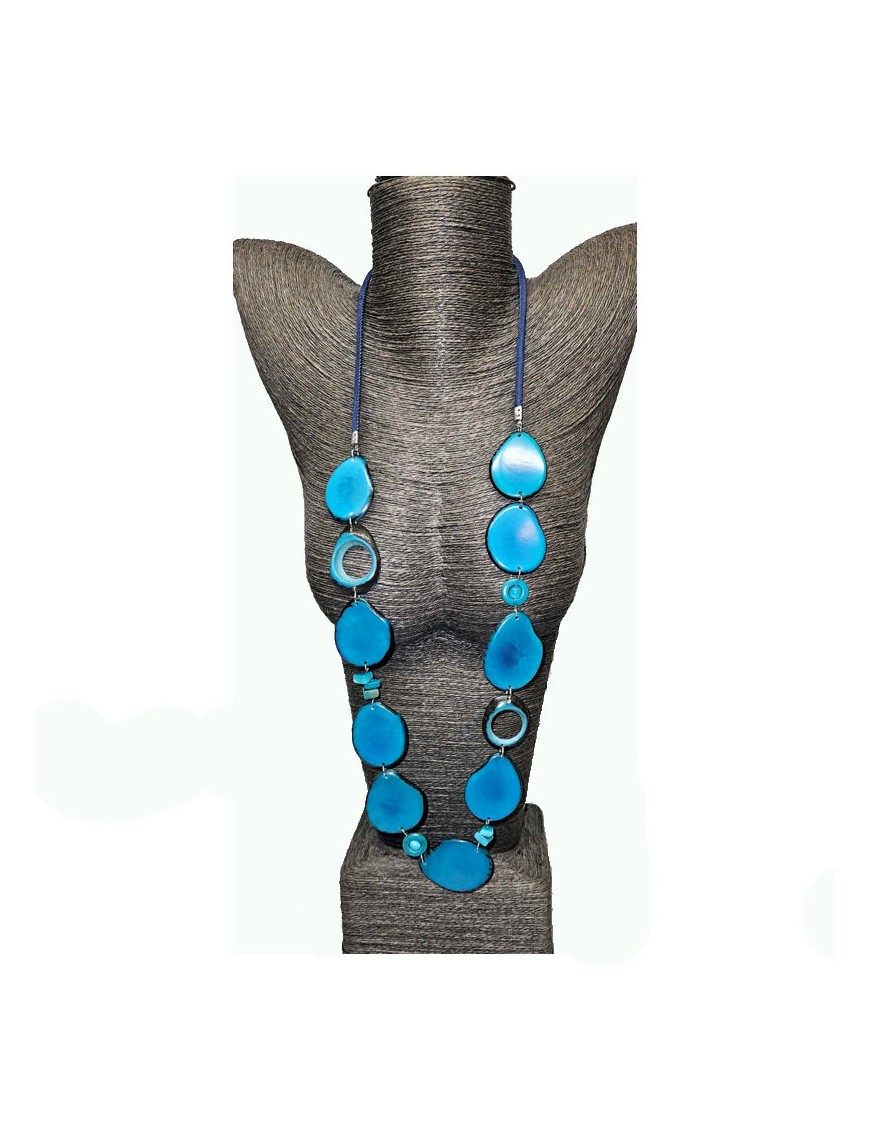 Belle-de-jour  sautoir avec tranches & perles de Tagua teintées en bleu