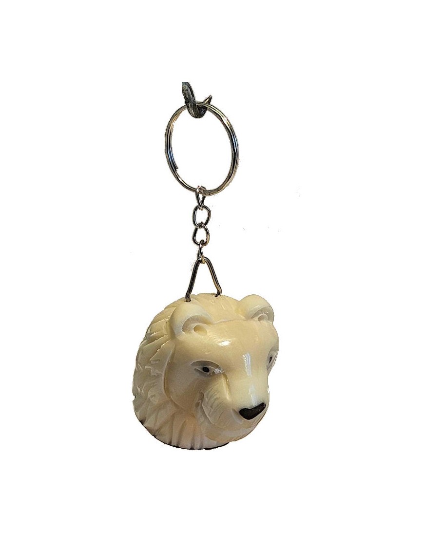 porte clé tête de lion taillé dans la graine de tagua ou ivoire végétal