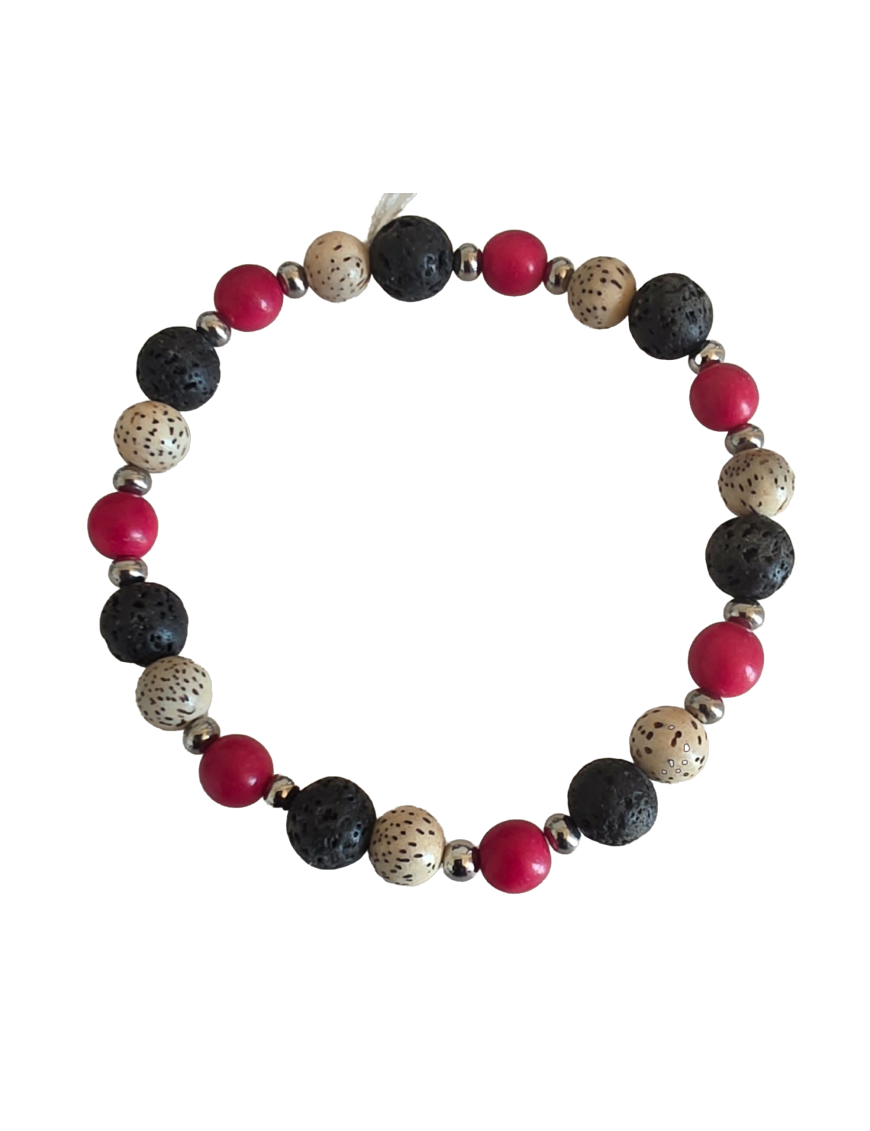 Bracelet tagua rouge, lave & acier – Artisanat Atelier Tagua World