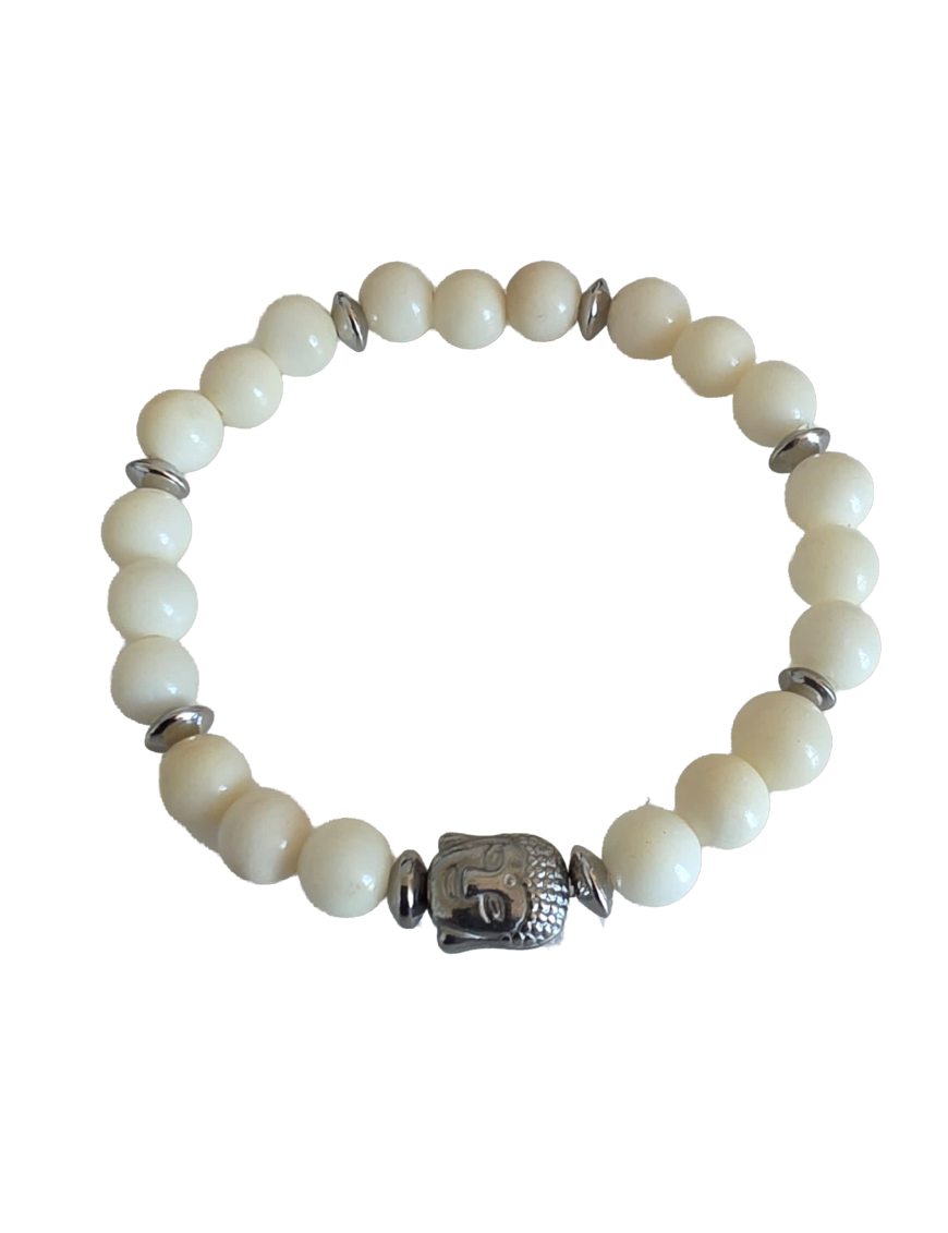 Bracelet tagua naturel – Bouddha & acier 21 perles