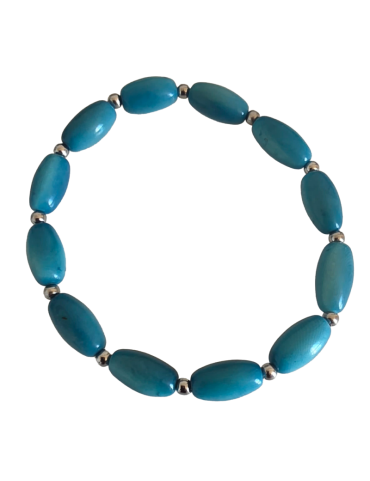 Bracelet tagua bleu olive & acier – artisanal 6x12 mm