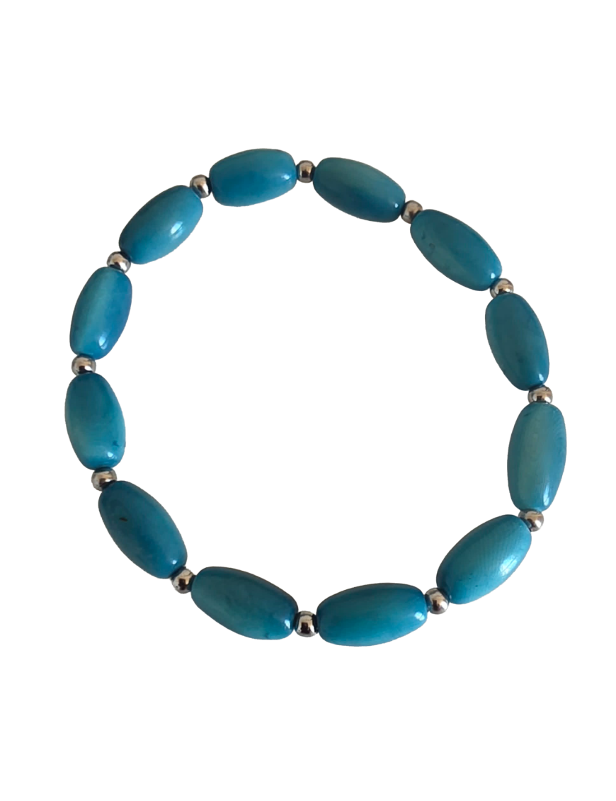Bracelet tagua bleu olive & acier – artisanal 6x12 mm