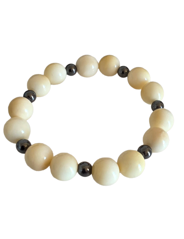 Bracelet tagua naturelle & hématite – artisanal 14 perles