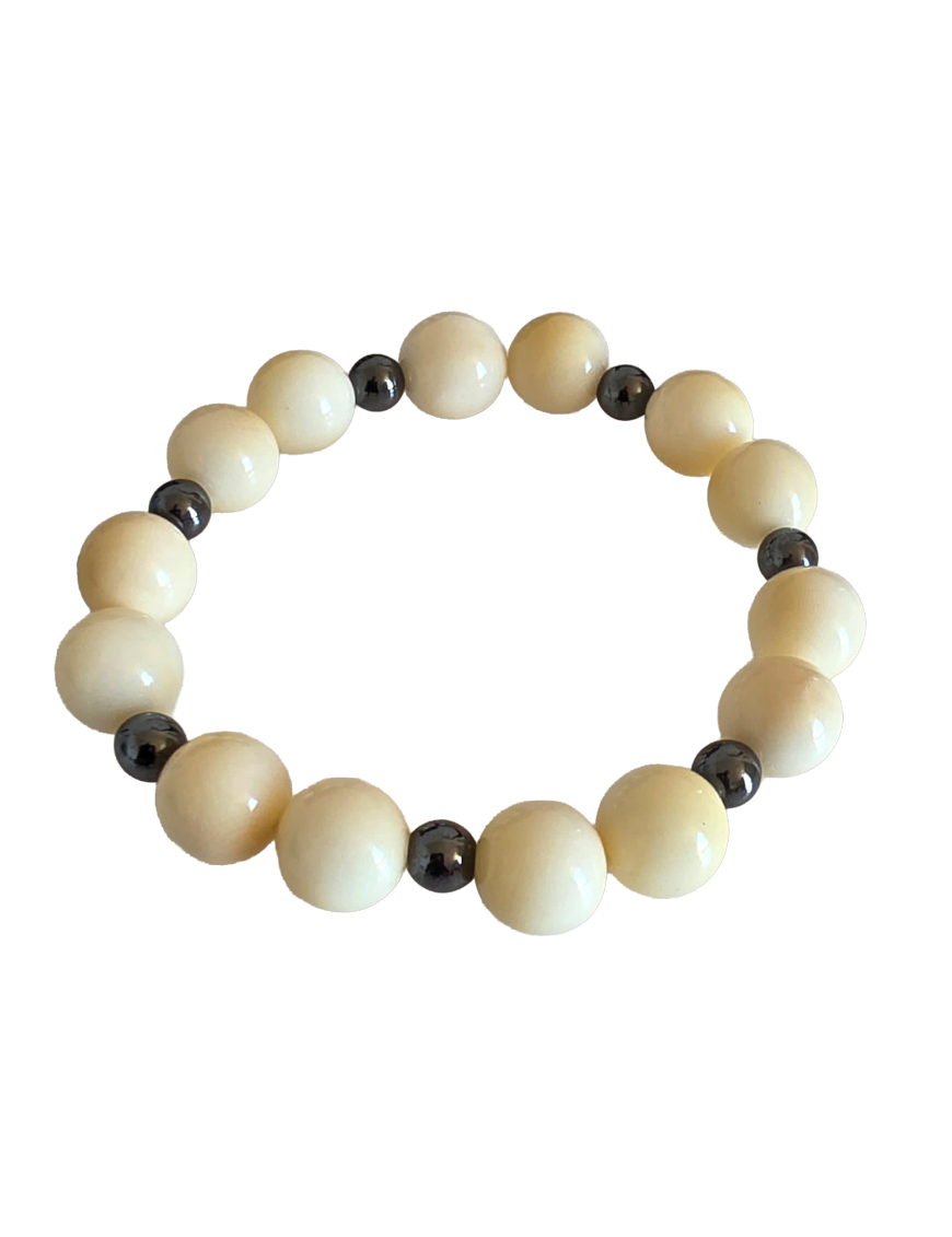 Bracelet tagua naturelle & hématite – artisanal 14 perles