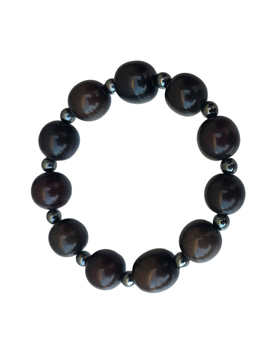 Bracelet tagua noir & hématite – artisanal 15 mm